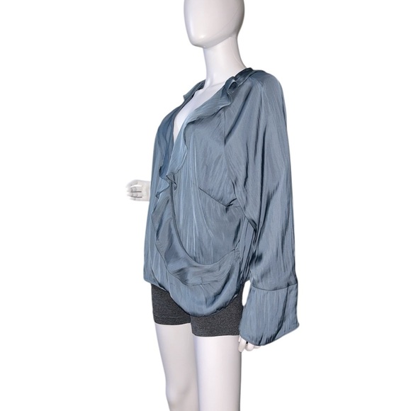 A new day women's flounce long sleeve
V-neck ruffle wrap blouse
Color Teal Blue - Picture 7 of 9